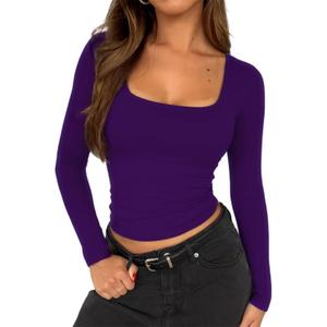 ForeFair Women Square Neck Long Sleeve Going Out Tops Tight Double Lined Basic Tees Shirt (Small, Dark Purple)