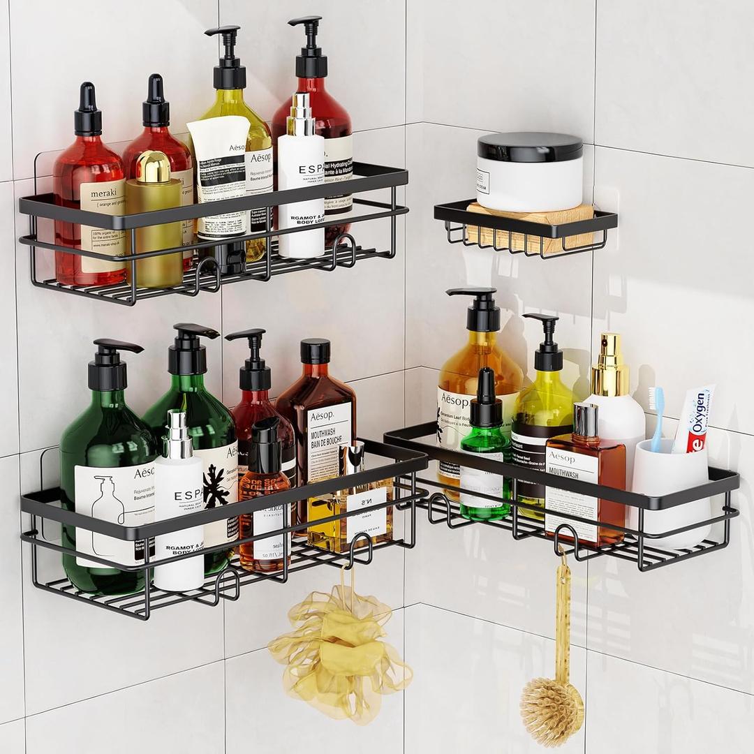 Uamector Shower Caddy Organizer Rustproof - Bathroom Shelves Rack for Home Decor & Storage - Adhesive Wall Shampoo Holders for Inside - Bath Tub Organization (4 Pack, Black)