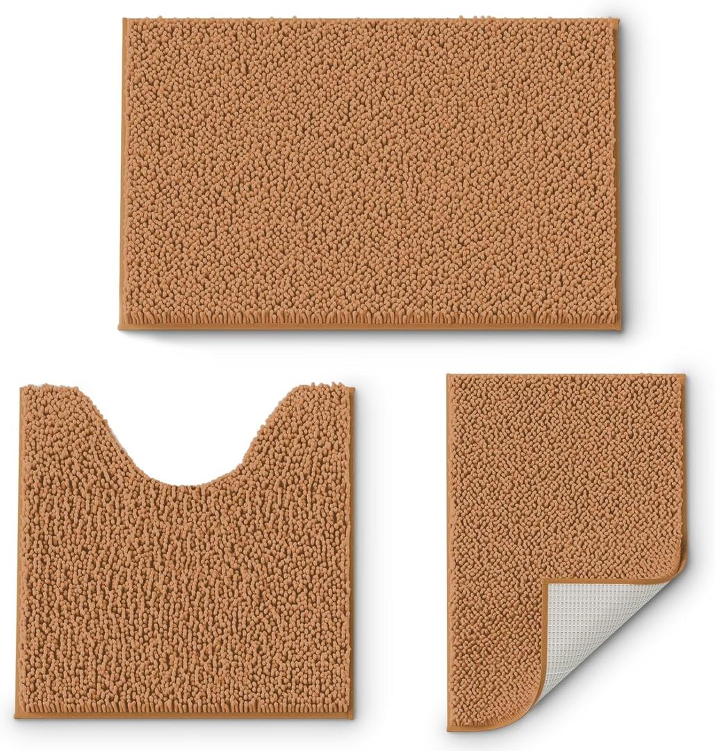 RUN HELIX Bathroom Rugs Sets 3 Piece, Extra Soft and Absorbent Chenille Bath Mats and U-Shaped Contour Toilet Rug, Quick Dry, Home Decor Accessories, Bath Mat Set for Bathroom, Tub, Shower, Champagne (16" x 24" & 20" x 32"& 20" x 20" U shape)