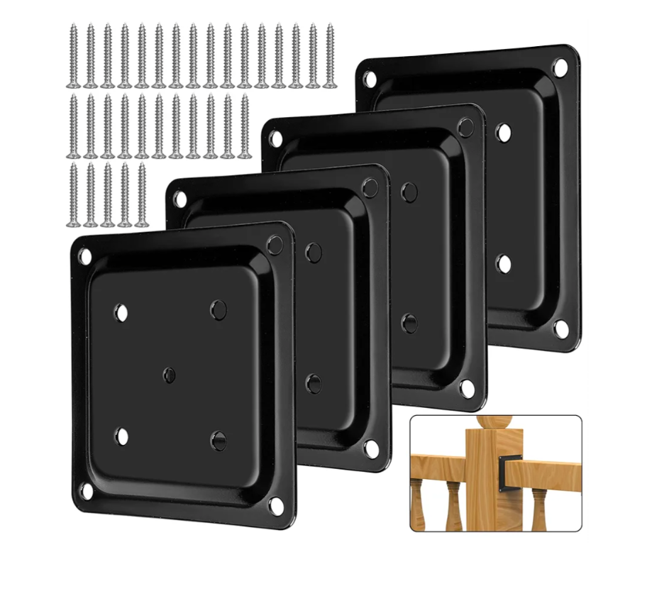 4 Pcs Wood Post Plate Connector, 4" x 4" Wood Fence Post Anchor Base, Deck Porch Railing Support Base, Powder-Coated Decking Post Base (4)