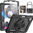SEYMAC for iPad Air 5th/ 4th Generation Case 10.9 Inch, Full-Body Shockproof Protective Case with Screen Protector, Rotating Stand/Handle/Shoulder Strap/Pencil Holder for iPad Air 5/ Air 4, Black