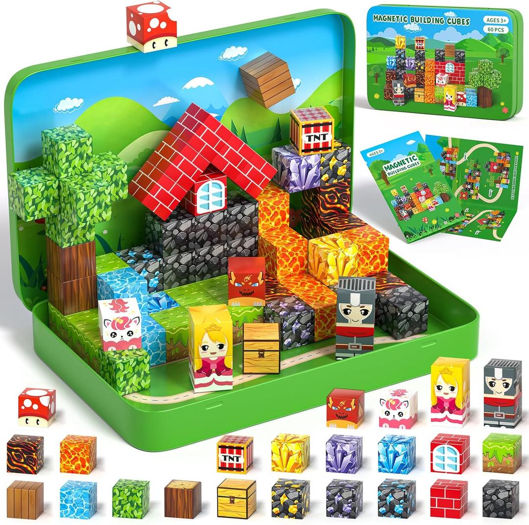 Axirata 60PCS Mini Magnetic Blocks Travel Set for Kids, Mini Magnetic Tiles Building Cubes with Portable Iron Box, STEM Learning Sensory Toy for Toddler Boys Girls Age 3-5 4-8 8-12+
