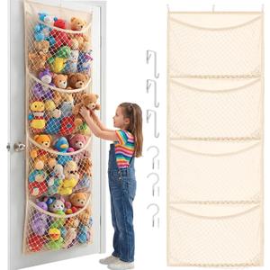 Wide Over The Door Stuffed Animal Storage, Cotton Toy Organizer for Plush Toys, Baby Supplies, Stuffed Animal Holder with 5 Large Pockets, Hanging Door Organizer for Nursery, Bedroom, Kids Room (Beige)