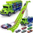BainGesk Truck Toys Car for 3, 4, 5, 6 Years Old Boys, Carrier Race Truck Toys, Foldable 2 Layer Transport Car Toys with 27 in Race Track and 6 Metal Cars, Birthday Gifts for Toddler Boys Girls (Green)