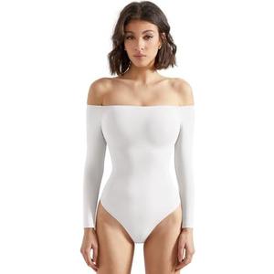 SUUKSESS Women Off the Shoulder Long Sleeve Bodysuit Double Lined Thong Bodysuit, Large