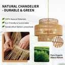 Boho 17” Rattan Chandelier Light Fixture, 5-Light Hand Woven Rattan Pendant with 3-Tier Wicker Shade, Adjustable Farmhouse Ceiling Hanging Light for Dining Room, Kitchen, Living Room, Bedroom, 17.7 inch