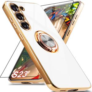 for Samsung Galaxy S23 Case with 1 Screen Protector, Built-in 360 Rotation Ring Holder Magnetic Stand, Luxury Shiny Plating Edge Shockproof Electroplated Protective Phone Cover (White/Golden)