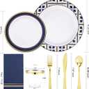 Nervure 175PCS Blue Plastic Plates - White Blue Gold Disposable Plates Include 25Dinner Plate, 25Dessert Plate, 25Cups, 25Forks, 25Knives, 25Spoons, 25Napkins for Wedding & Party