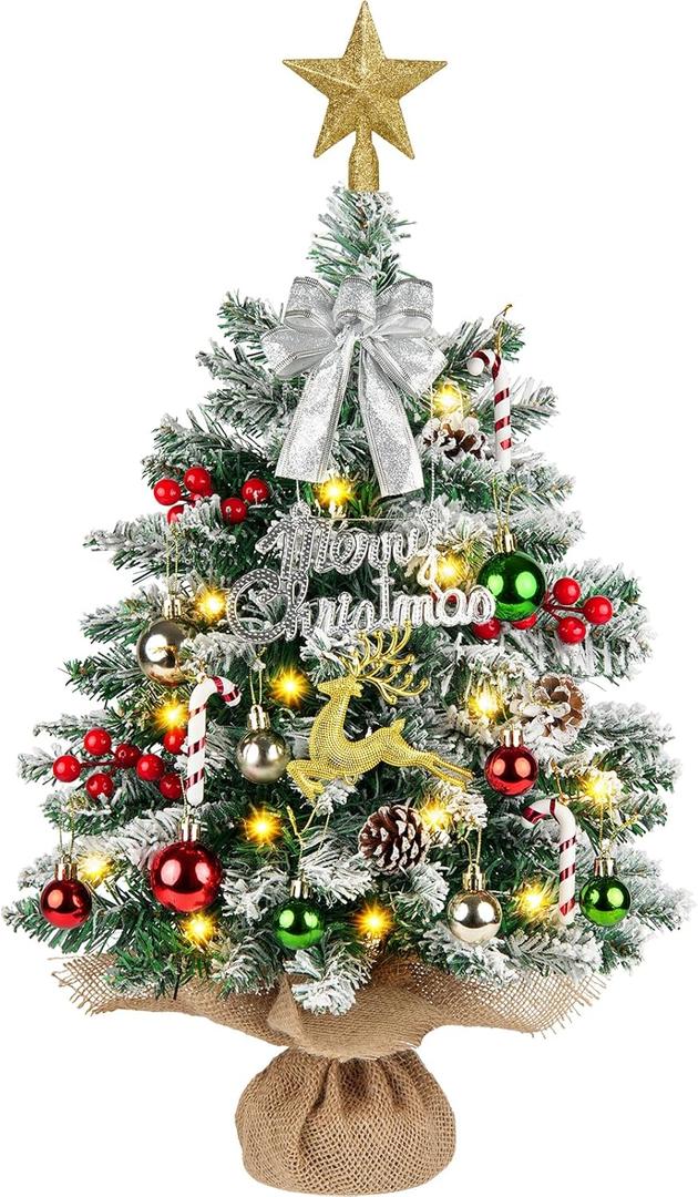 Mini Christmas Tree with 40 Lights Snow Flocked Christmas Tree 24In/2FT Artificial Small Xmas Tabletop Tree with Christmas Ornaments for Tabletop Fireplace Mantel Christmas Decorations