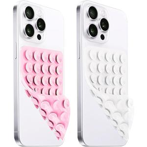 2 Pack Silicone Suction Cup Phone Case Mount Double Sided, Hands-Free Strong Grip Silicon Phone Holder, Non Slip Phone Accessories for Selfies and Videos (Light Pink&Translucent)