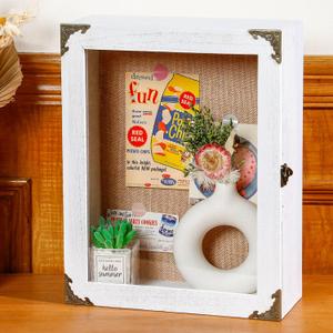 Cinnvoice 11x14 Inch Shadow Box Depth 4.7in Shadow Boxes Display Cases with Cork Board Backing Rustic Burnt Wood Box for Flowers Bouquet Wedding Picture Photo and Keepsake (White)