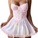 Lilosy Sexy Garter Belt Mesh Lace Babydoll Lingerie Dress Set with Thong Large