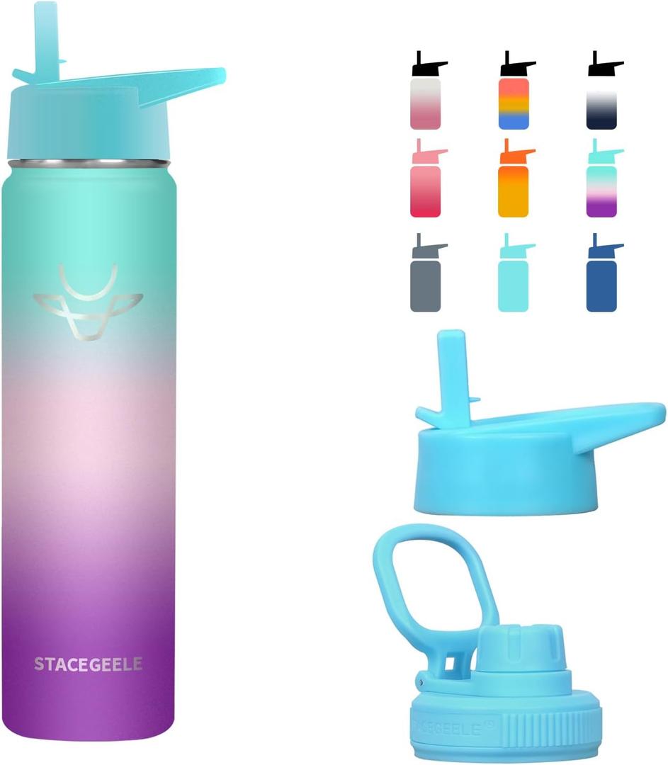 STACEGEELE Insulated Vacuum Water Bottle with Spout Lid & Screw on Top | Stainless Steel Flask for Kids Leak Proof Lightweight Eco Friendly 18oz / 24oz / 32 oz / 40oz(24oz Visions)