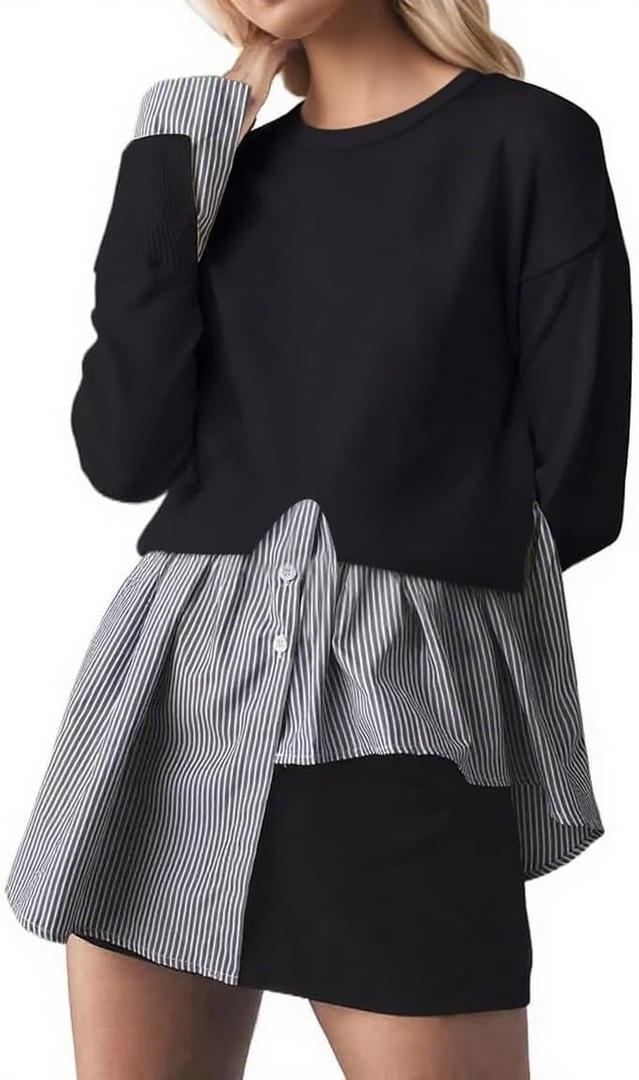 AIHUKOCY Women Slit Stripe Patchwork Shirt Crewneck Sweater Contrast 2 in 1 Button Down Asymmetric Hem Knit Pullover Sweaters (Large, Black)