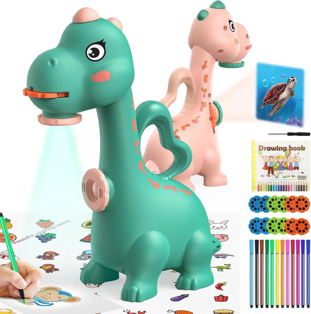 Dinosaur Drawing Projector Toys for Ages 5-7: KETIEE Tracing and Drawing Projector for Kids with Two Projector Heads, Smart Art Sketcher Projector with 96 Stencils, Toddler Toys for Boys (Green)