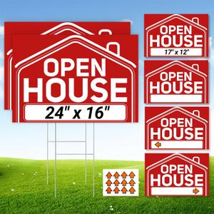 6 Pcs Open House Signs for Real Estate, 2 Pcs 24" x 16" and 4 Pcs 17" x 12" Open House Signs with Sturdy Metal Stakes and Arrow Stickers, Double-Sided Waterproof Yard Signs for Open House Supplies, 2x 24" Foldable and 4x 17" Regular