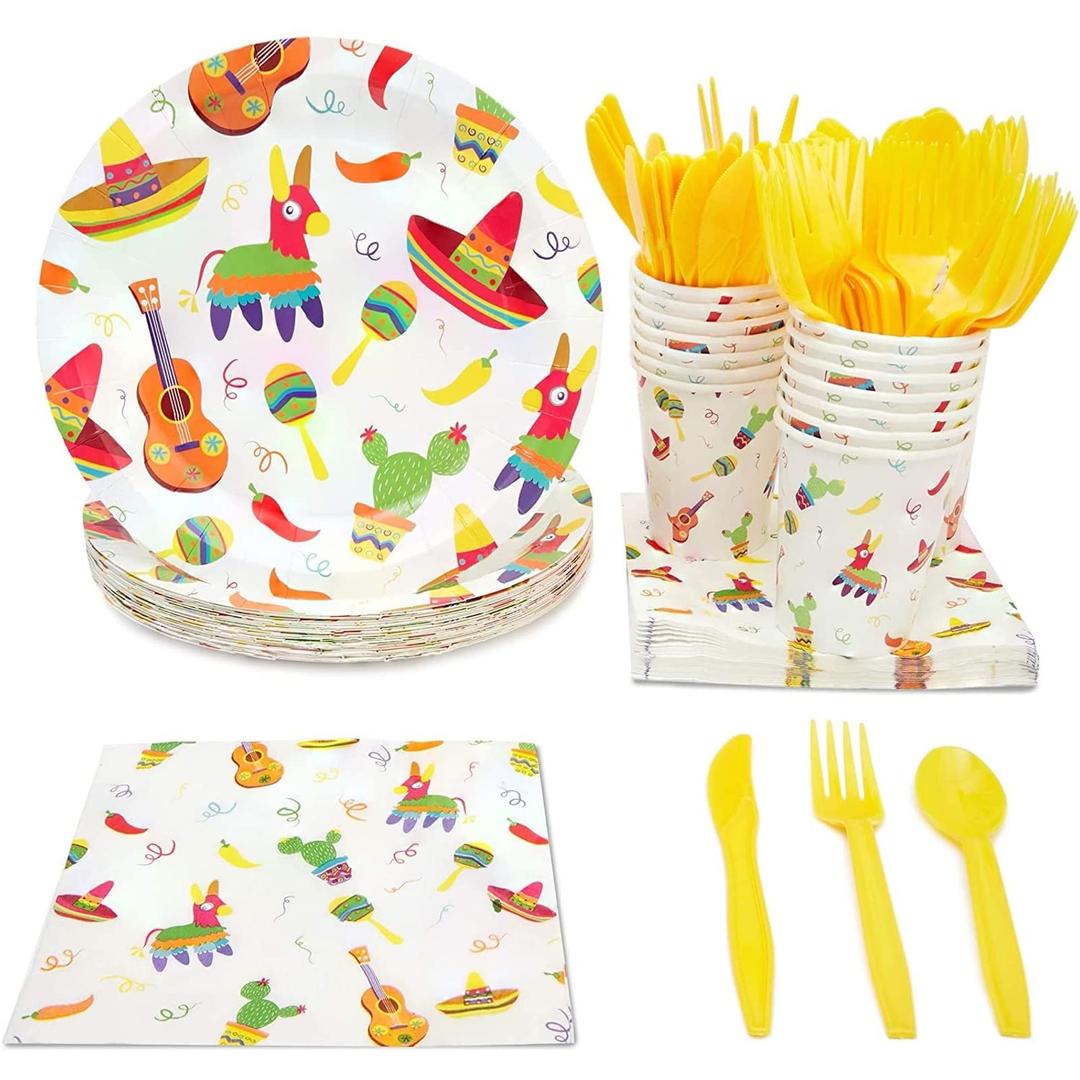 BLUE PANDA 144 Piece Fiesta Plates & Napkins Dinnerware Set - Serves 24, Multicolor - Disposable Taco Plates & Taco Party Supplies 