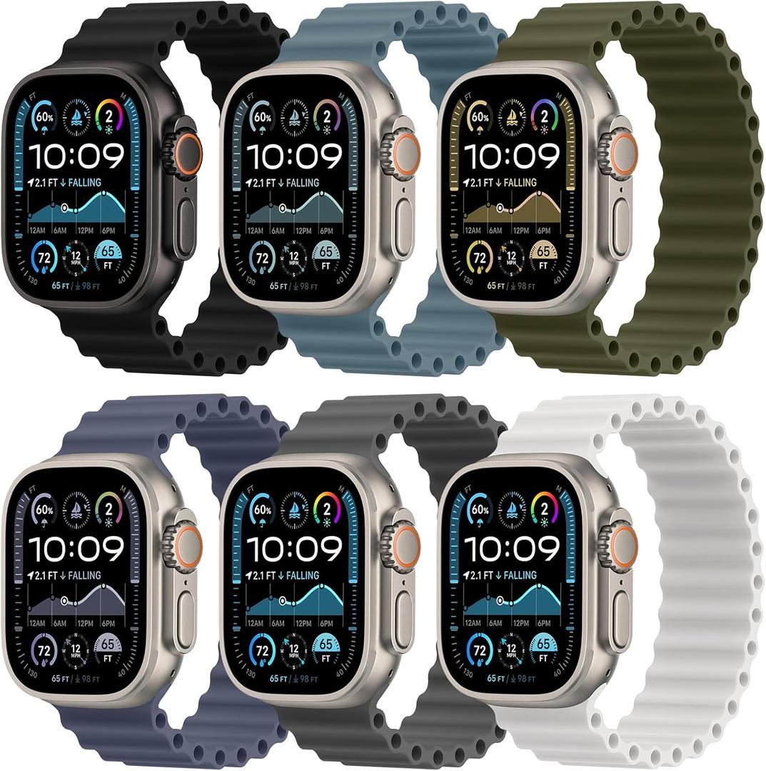 6 Pack Silicone Ocean Solo Loop Bands Compatible with Apple Watch Ultra 3/2/1 49mm 46mm 45mm 44mm 42mm, Soft Stretchy Sport Replacement Wristband for iWatch Series 11 10 9 8 7 6 5 4 3 SE (Black/Ocean Blue/Army Green/Blue Gray/Gray/White)