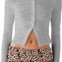 ICNGLKSND Women Long Sleeve Button Front Knit Crop Tops Front Split Crewneck Slim Fit Sexy Crop Tee Short Shirt Blouse (Gray, S)