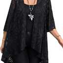 OYOANGLE Women's Plus Size Lace Sheer Open Front Cardigan Lightweight 3/4 Sleeve Ruffle Kimono Outerwear, X-Large Plus, Black