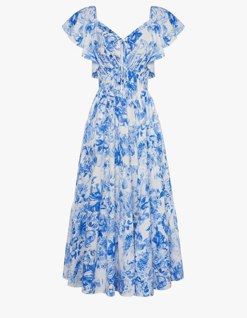 GRACE KARIN Womens 2025 Floral Summer V-Neck Ruffle Sleeve Empire Waist A-Line Casual Maxi Tiered Dress with Pockets, Size:Small