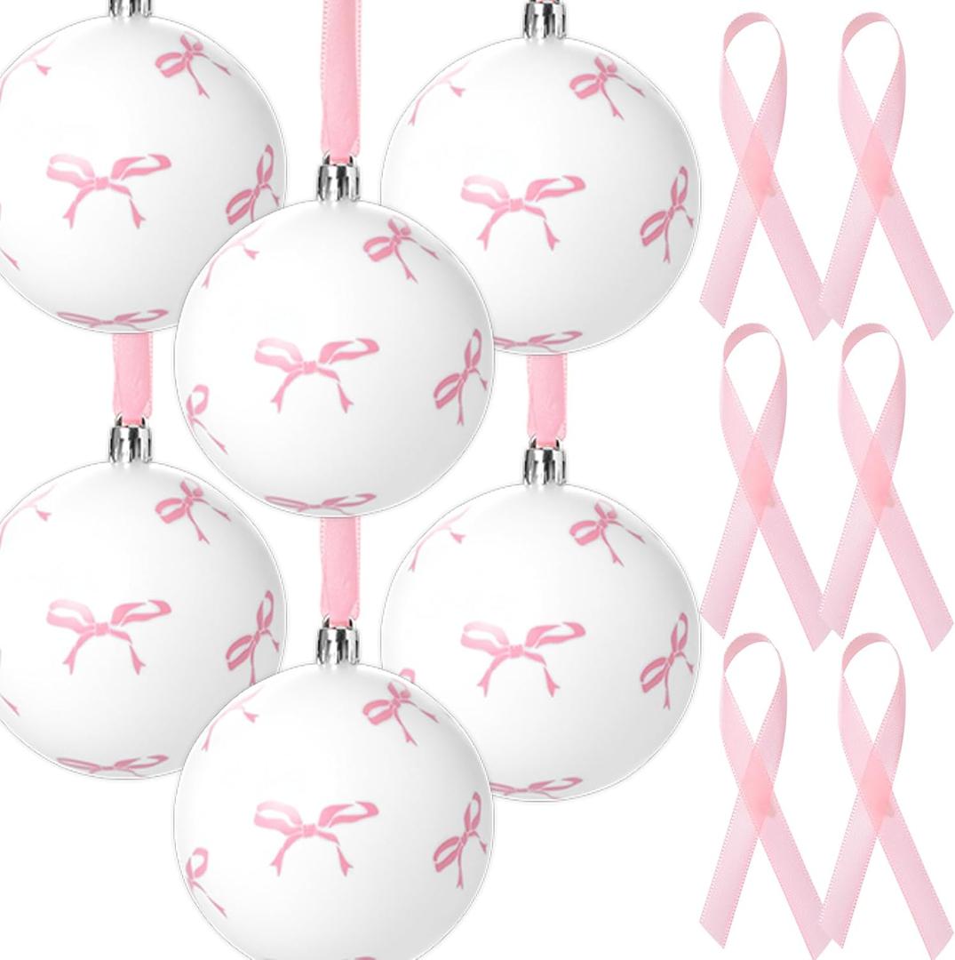 12 Pcs Pink Bow Coquette Christmas Tree Ornaments Balls 3.14 Inch Pink White Christmas Tree Hanging Ornaments Plastic Ball with Ribbon for Xmas Tree Winter Bachelorette Party Holiday Home Decorations