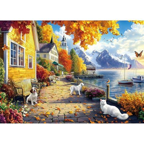 1000 Piece Jigsaw Puzzle Cozy Autumn Lakeside Village with Fall Foliage, Pets and Snow-Capped Mountains, Seasonal Art, Calming Brain Challenge for Fall and Nature Decor Collectors