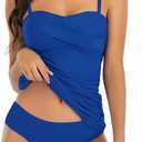 Shuangyu Women's Twist Front Bandeau Tankini Set Two Pieces Ruched Tummy Control Suimsuit with Mid Waist Briefs Navy Blue M