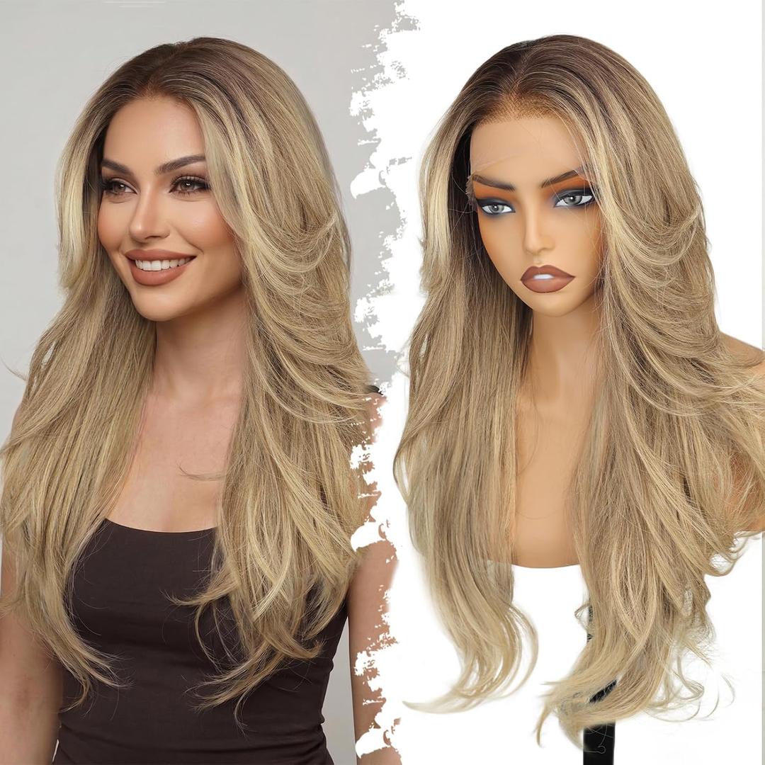 Eawwii 13x4 HD Lace Front Glueless Wigs for Women Ombre Blonde Long Layered Wave Wig Natural Hairline Heat Resistant Synthetic for Daily Use Beginner Friendly 26 Inch