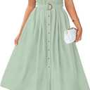 ZESICA Womens Summer Button Midi Dresses 2026 Flutter Short Sleeve Belted Business Casual Work Long Dresses with Pockets, Medium