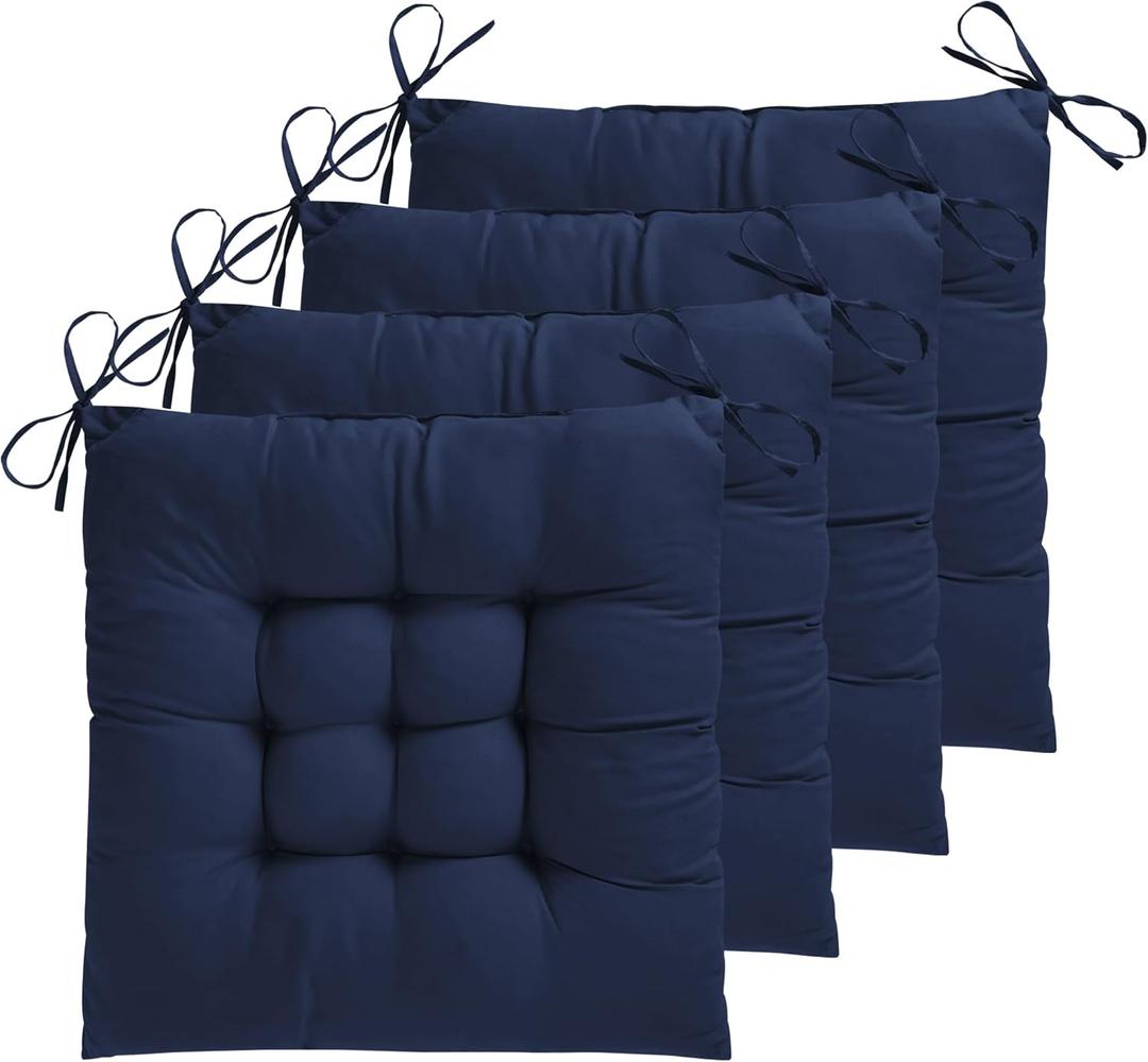 ELFJOY 4 Pack Chair Cushions for Dining Chairs 17x17 inch Seat Cushions for Kitchen Chairs Soft and Comfortable Square Chair Pads with Ties, Navy