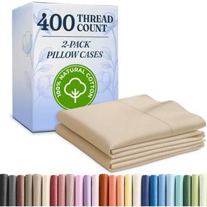 CGK Unlimited Queen Size 100% Cotton Pillowcase Set - Cooling, Breathable & Soft - 400 Thread Count - 2 Pack (04 - Cream)