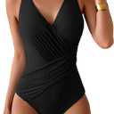 Eomenie One Piece Swimsuit for Women Tummy Control Bathing Suit V Neck Swim Suit Ruched Criss Cross Swimwear (XX-Large, Black)