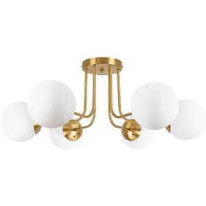 KoKo&Yukina 6-Light Mid Century Ceiling Light Modern Semi Flush Mount Ceiling Light Fixture Globe Ceiling Light with Milk Glass Shade Brushed Brass Finish for Bedroom Hallway Dining Room Living Room, 29"L x 29"W x 11.8"H