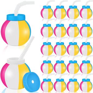 Nuanchu 20 Pcs 14 oz Summer Beach Ball Cups with Straws and Lids Plastic Sipper Reusable Party Cups Bulk Beach Summer Theme Party Favor for Kids Birthday Sports Theme Supplies