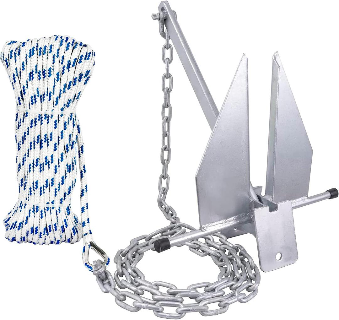 Young Marine Galvanized Fluke Style Anchor Kit Includes Galvanized Fluke Anchor, Rope, Shackles, Chain 8LB 10LB 13LB (For Boat 20-32FT, 13 LB)