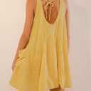 Women Casual Summer Dresses Sleeveless Crew Neck Backless Tunic Mini Dress Loose Flowy Tank Sundress with Pockets (Yellow, L)