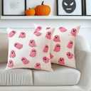 Tiamon 2 Pcs Pink Halloween Pillow Covers 18x18 Inch Canvas Happy Halloween Pink Ghost Decoration Embroidered Throw Pillow Covers Outdoor Cushion Cases for Home Sofa Bed Couch Farmhouse Decorative