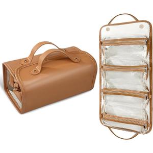 Poyetiz Toiletry Bag for Women, Travel Makeup Bag,Portable 4-in-1 Foldable Cosmetic Bag Detachable Pouches (Brown)