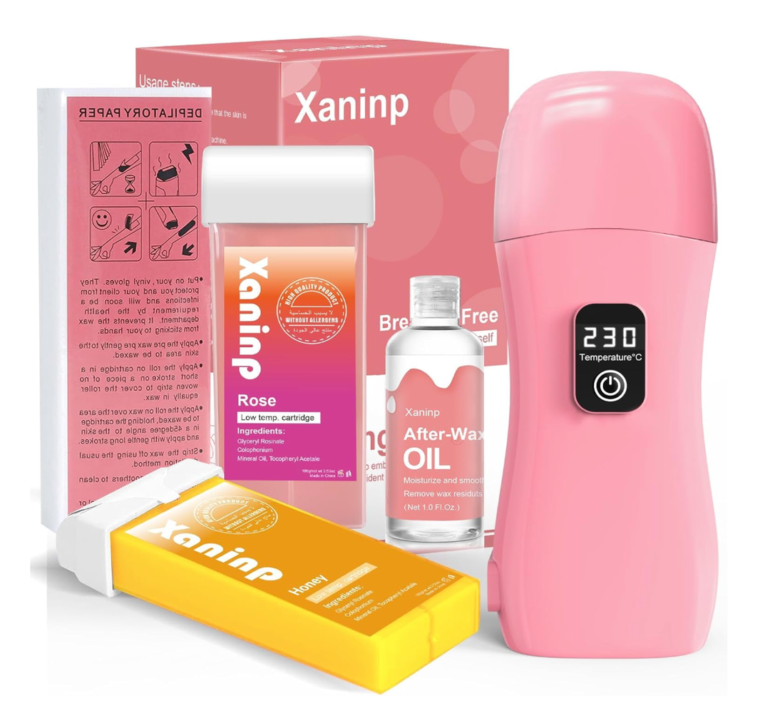 Roll on Wax Kit for Hair Removal, Wax Roller Waxing Kit for Women, Smart Roll on Wax Warmer, Digital Temperature Display, Suitable for Beginners Waxing, Pink