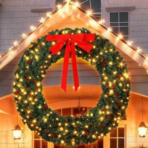 60 Inch Large Prelit Christmas Wreath with 300 Warm White String Lights 8 Lighting Modes Artificial Outdoor Xmas Wreath with 580 PVC Tips Bow Pine Needles Pinecones and Berries Door Decorations