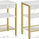 HOOBRO Side Tables Set of 2 with Charging Station and USB Port, Small End Tables for Small Space, 3-Tier Nightstands with Adjustable Shelf, for Living Room, Bedroom, White and Gold