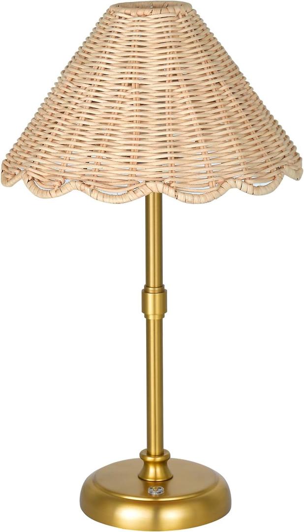 Cordless Boho Rattan Table lamp, 5200-mAh Rechargeable Battery, 3-level Brightness Dimmable, Build-in Integrated LED 320 Lumen Max, Rattan Shade, for Bedside Restaurant Resort Hotel Dining Table (Gold)
