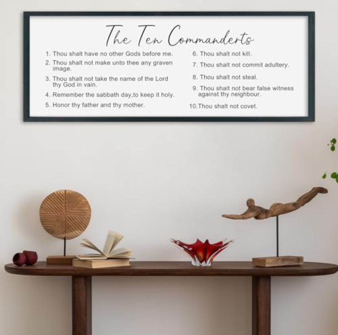 YWMZYKJGS The 10 Commandments Bible Verse Wall Art Decor 40"×15" Christian Ten commandments God Jesus Prayer Religious Saying Sign Rustic Inspirational Catholic Scripture Wood Framed Hanging (Black)