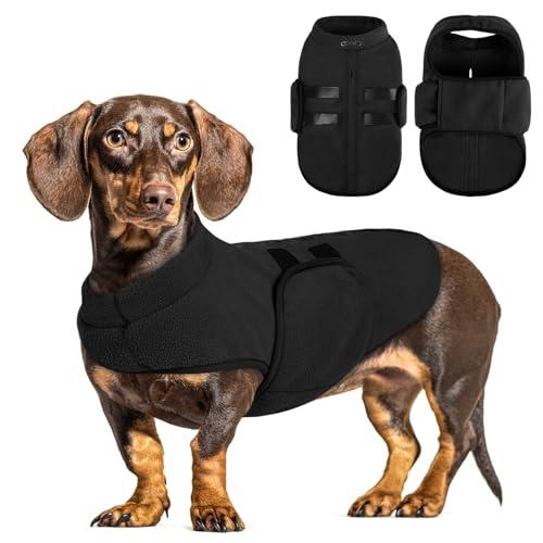 Queenmore Small Dog Warm Winter Jacket, Soft Fleece Vest Pullover with Leash Hole, Dachshund Cat Boy or Girl (Black, S)