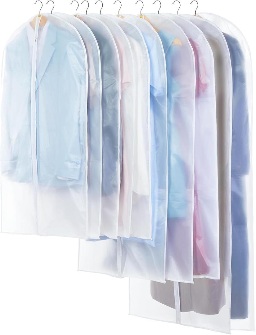Carbrea Translucent Garment Bags for Hanging Clothes - Frosted Clothes Storage Bags for Suits, Dresses, Closet Storage - 10 Pack