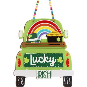 Geelin St. Patrick's Day Wooden Sign for Front Door Hanging Shamrock Truck Sign Colorful Farmhouse Seasonal Door Wreath for Home Indoor Outdoor Wall Window Shop Decoration