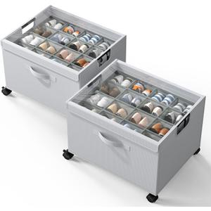 HOUSE AGAIN Shoe Organizer for Closet, 2 Pack Foldable Shoe Storage Organizer Box with Wheels and Adjustable Dividers, Sturdy Metal Frame Fits up to 16-32 Pairs, Large Shoes Storage with Clear Cover