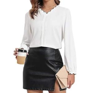 ZAFUL 2025 Womens Cute Tops Dressy Casual Scalloped V Neck Work Shirts Puff Long Sleeve Textured Blouses, White (Large)