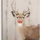 TLESKE Winter Christmas Red Nose Deer Reindeer Wall Art Decor, Vintage Rustic Deer Canvas Wall Art Print for Farmhouse Living Room Bedroom, Funny Winter Christmas Moose Wall Artwork Picture, 11x14